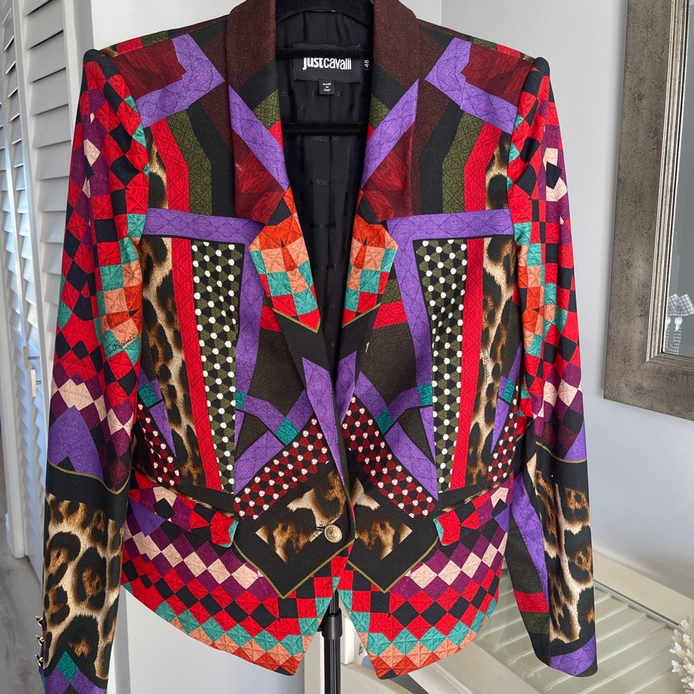 Just Roberto Cavalli Red Purple Animal Print Artsy Colorful Blazer Coat 80s 90s